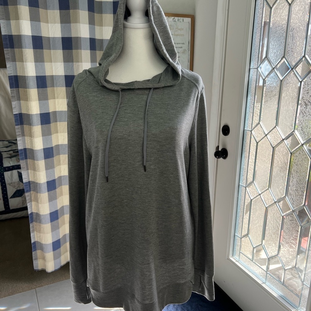 Athletic: Women Grey hooded stretch sweatshirt with thumb cuffs, Size L 12-14.